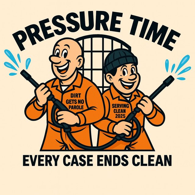 Pressure Time cartoon logo: two crew members in orange jumpsuits holding pressure washer wands